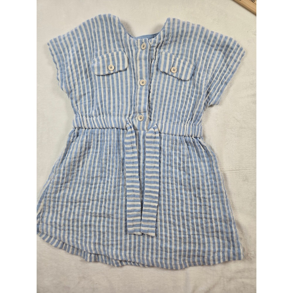Zara Girls Blue White Striped Cotton Gauze Nautical Coastal Dress Size 3-4 Years